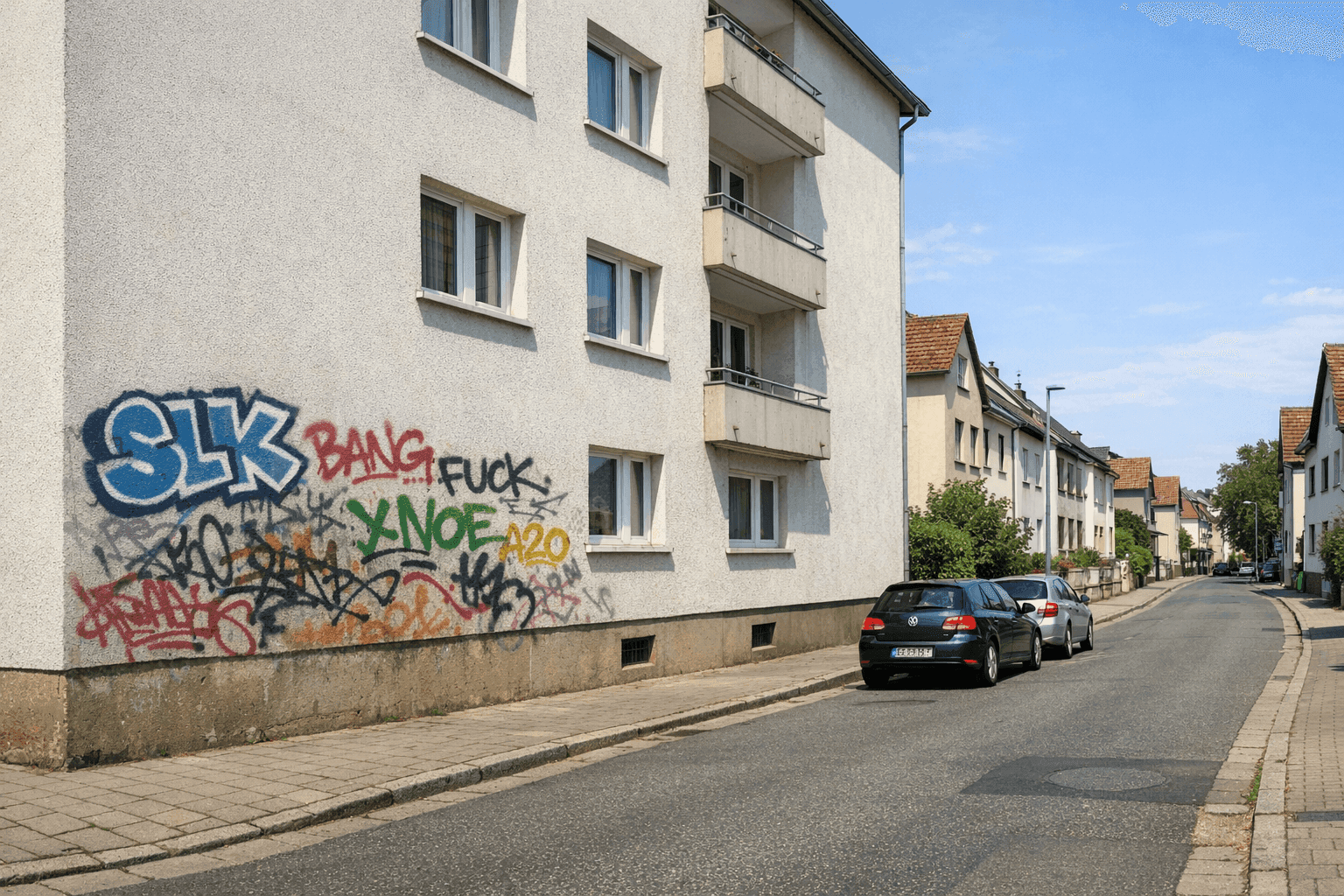 Hauswand in Neustadt mit Graffiti besprüht