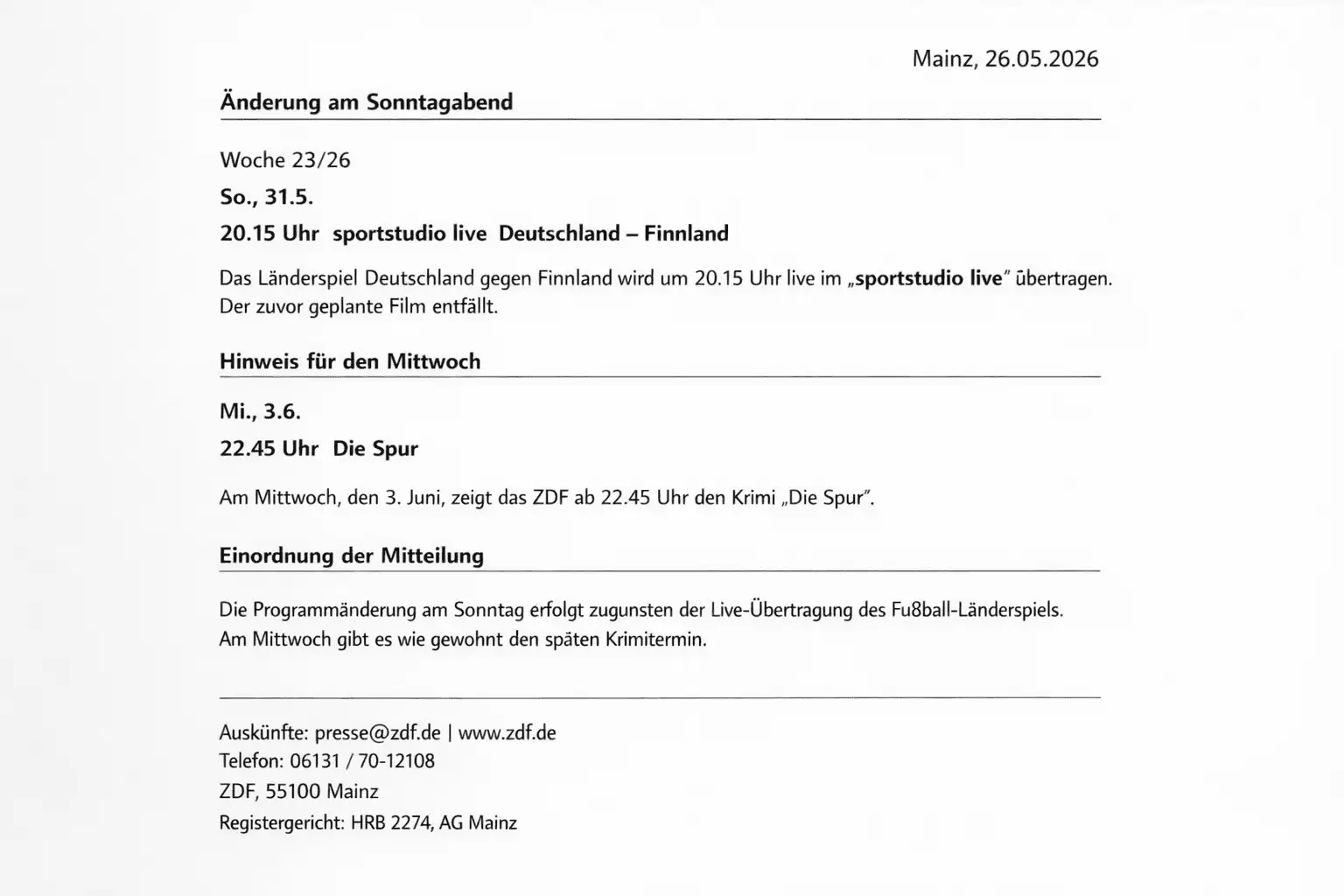 Kurzmitteilung: ZDF ändert zwei Sendetermine