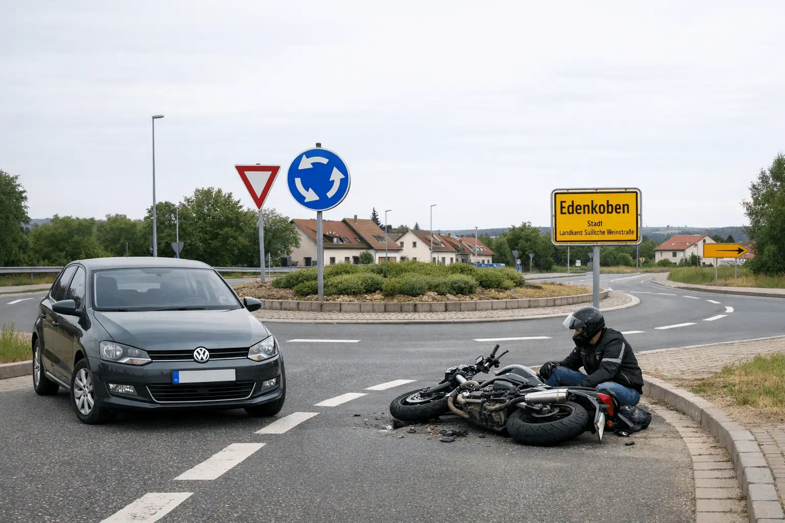 Motorradfahrer stürzt nach Unfall im Kreisverkehr