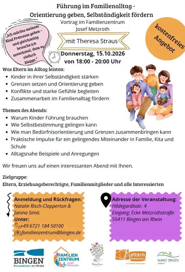 Veranstaltungsplakat zum Themenabend im Familienzentrum mit Hinweis auf den Vortrag „Führung im Familienalltag – Orientierung geben, Selbstständigkeit fördern“.