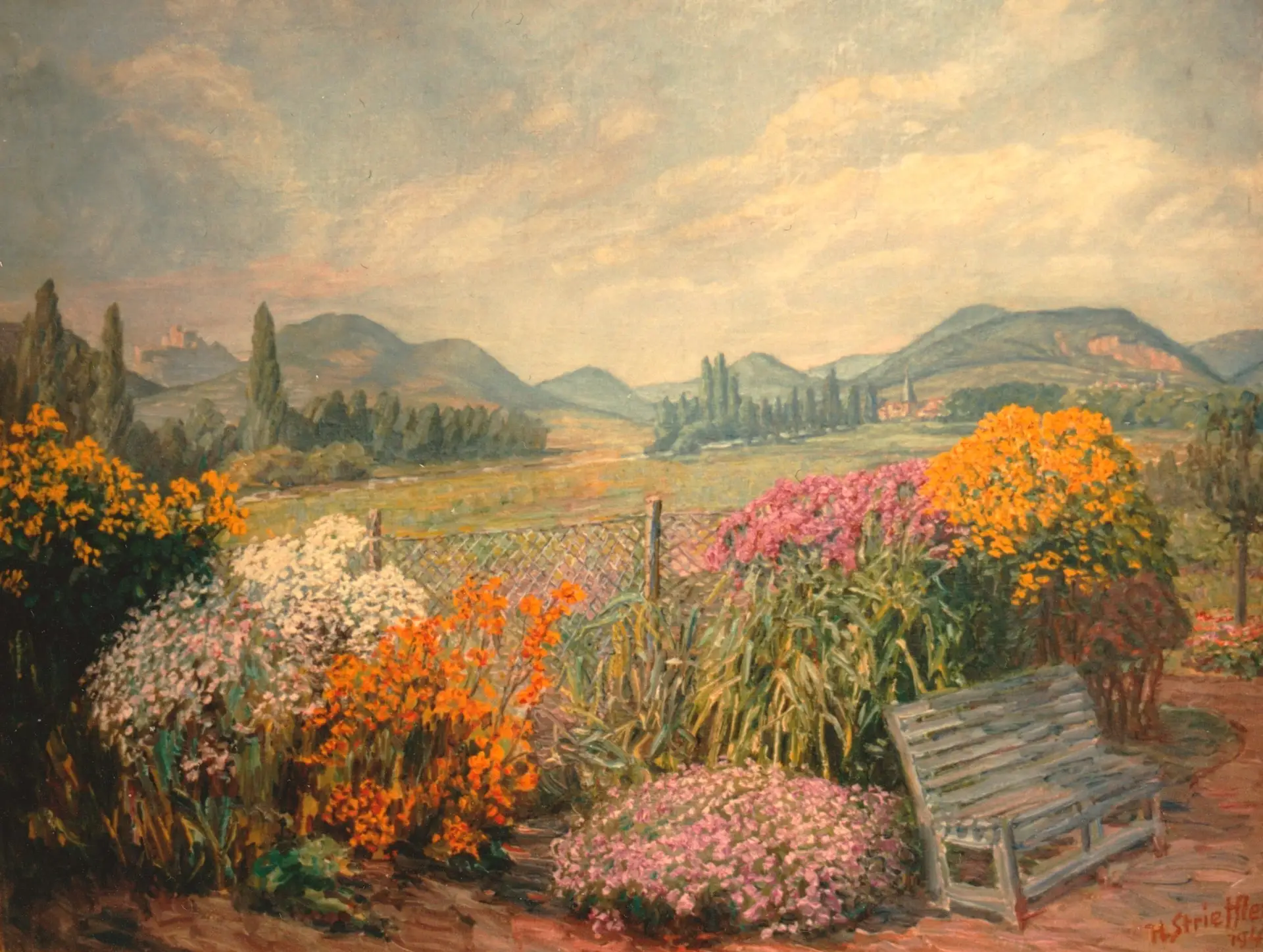 Heinrich Strieffler, Blumengarten mit Blick auf die Haardt. 1942. Öl auf Leinwand. (Quelle: Strieffler Stiftung, Inv. Nr. 415.) Pressemitteilung der Stadt Landau in der Pfalz. Bitte stets als